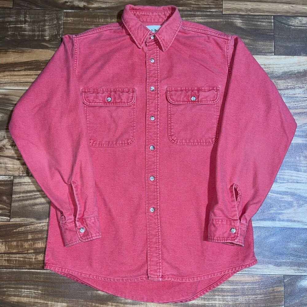 Vintage Gander Mountain Chamois USA Made Button Shirt Salmon Pink Red Large Tall